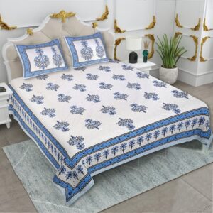 Sanganeri Handblock King Bedcover Blue Flower(100x108) with 2 Pillow Covers