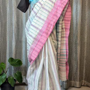 Dhaniakhali Cotton Saree Pink & Blue Stripes |Save>40%