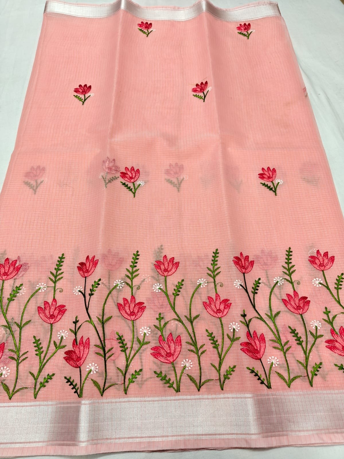 Em KD 85 Flower peach Embroidered Kota Doriya Saree