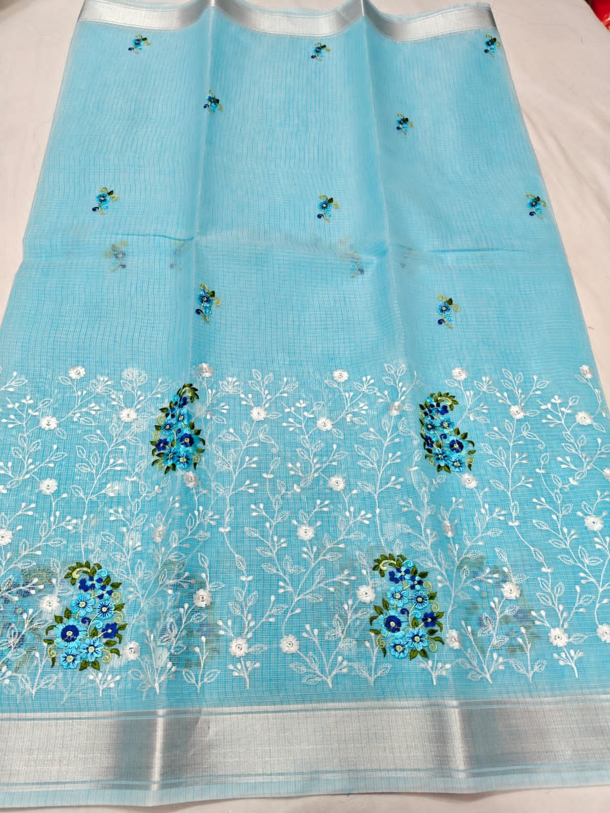 Em KD 85 Light Blue Embroidered Kota Doriya Saree
