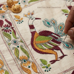 Handcrafted Bengal Kantha Stitch Saree in Bangalore Silk