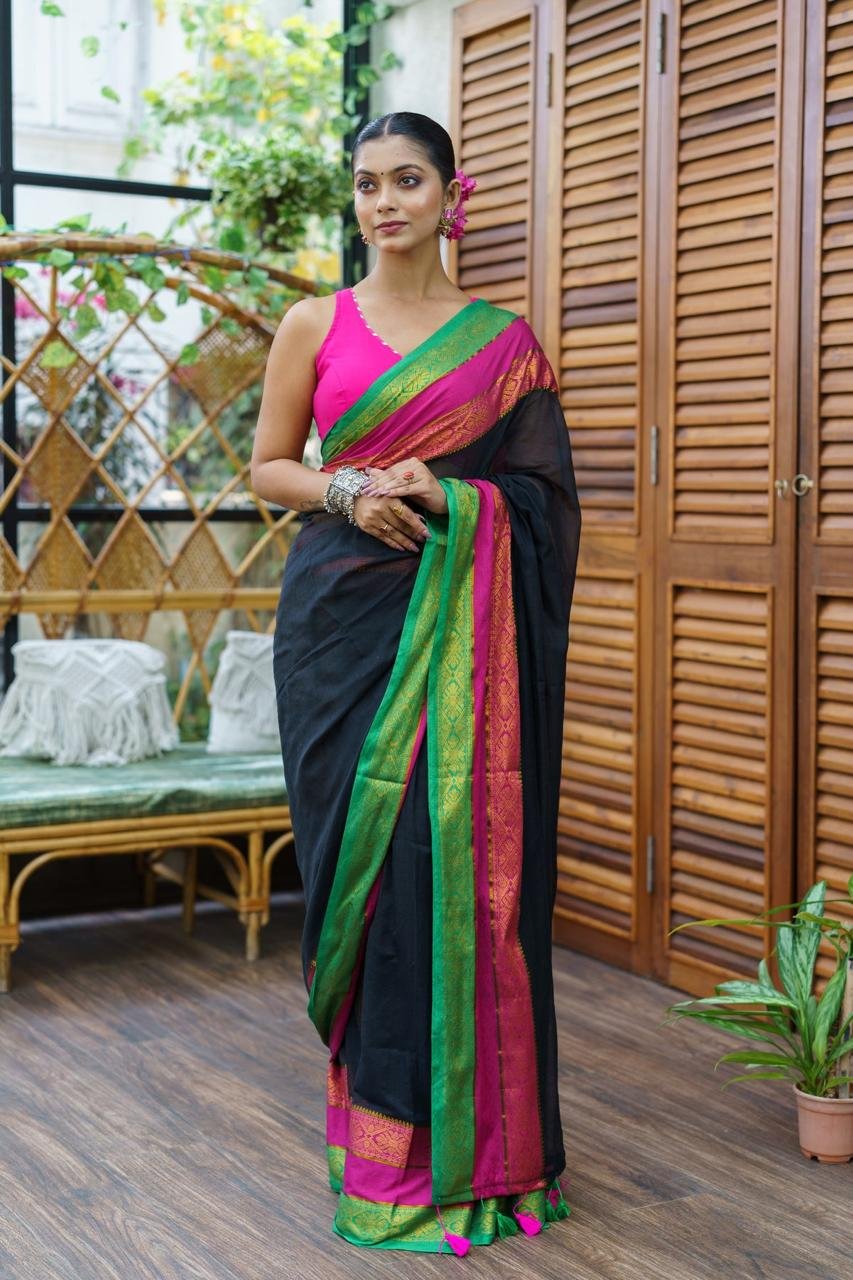 black 1border priyo75 Black cotton saree