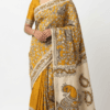 Mustard Yellow Kalamkari Cotton Silk Saree with bird motifs and floral vine artwork