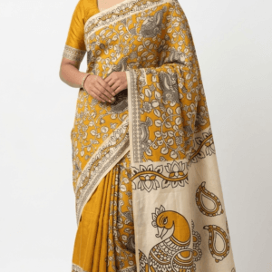 Mustard Yellow Kalamkari Cotton Silk Saree with bird motifs and floral vine artwork