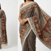 Grey Handcrafted Kalamkari Cotton Saree with traditional paisley border design and blouse piece