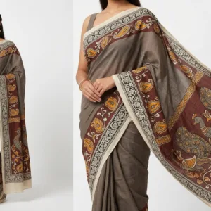 Grey Handcrafted Kalamkari Cotton Saree with Paisley Border
