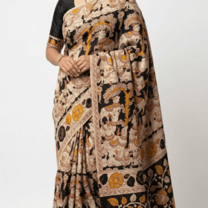 Handmade Andhra Kalamkari Cotton Silk Saree with traditional Kalamkari artwork from Andhra Pradesh