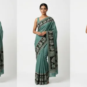 Emerald Green Handcrafted Kalamkari Cotton Saree with Peacock Border