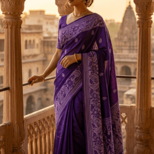 Royal Purple Bengal Kantha Stitch Saree in Bangalore Silk with floral hand embroidery
