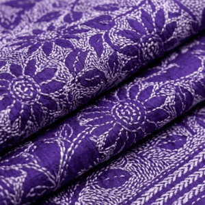 Royal Purple Bengal Kantha Stitch Saree in Bangalore Silk with floral hand embroidery