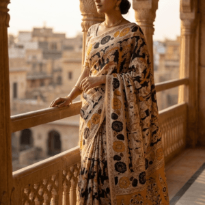 Handmade Andhra Kalamkari Cotton Silk Saree with traditional Kalamkari artwork from Andhra Pradesh