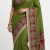 Olive Green Kalamkari Cotton Saree featuring traditional peacock border artwork and matching blouse piece