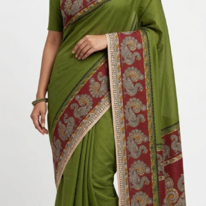 Olive Green Kalamkari Cotton Saree featuring traditional peacock border artwork and matching blouse piece
