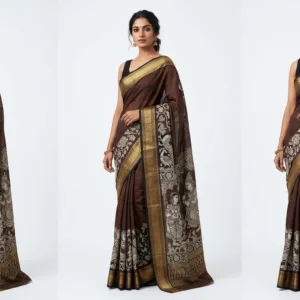 Handcrafted Mythological Kalamkari Cotton Silk Saree with Nizam Border