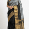 Steel Grey Maheshwari Cotton Silk Saree with golden zari border and blouse piece