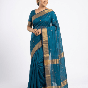 Royal Blue Maheshwari Cotton Silk Saree with golden zari border and blouse piece