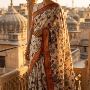 Ivory Kalamkari Cotton Silk Saree with floral vine motifs and zari border