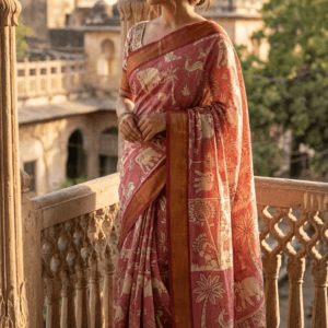 Pink Kalamkari Cotton Silk Saree with Nizam border and traditional animal motifs