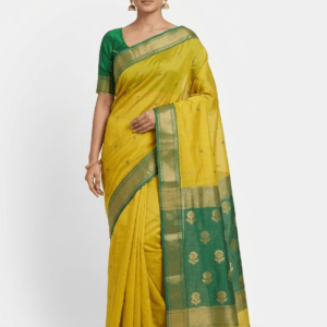Sunshine Yellow Maheshwari Cotton Silk Saree with emerald green pallu and golden zari motifs