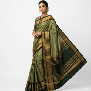 Olive Green Narayanpet Mercerised Cotton Saree with dark green and golden woven border