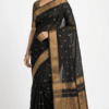 Black Maheshwari Cotton Silk Saree with golden zari border and blouse piece