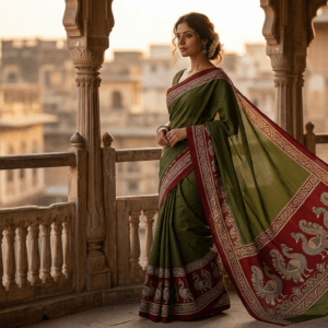 Olive Green Kalamkari Cotton Saree featuring traditional peacock border artwork and matching blouse piece