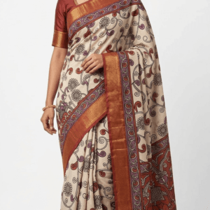 Ivory Kalamkari Cotton Silk Saree with floral vine motifs and zari border