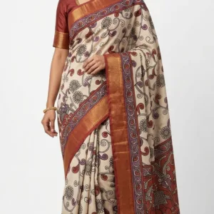 Ivory Kalamkari Cotton Silk Saree with Zari Border