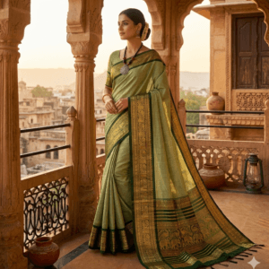 Olive Green Narayanpet Mercerised Cotton Saree with dark green and golden woven border