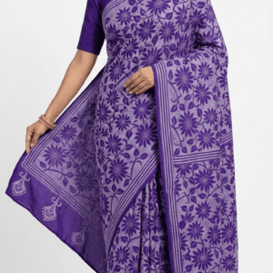 Royal Purple Bengal Kantha Stitch Saree in Bangalore Silk with floral hand embroidery