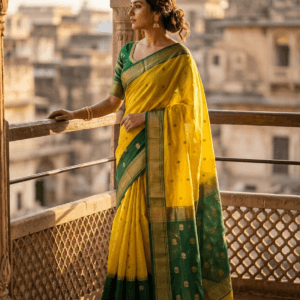 Sunshine Yellow Maheshwari Cotton Silk Saree with emerald green pallu and golden zari motifs