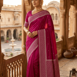 Magenta Bengal Kantha Stitch Saree in Bangalore Silk with traditional hand embroidery
