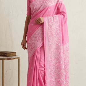 Pink Bengal Kantha Stitch Saree in Bangalore Silk with traditional hand embroidery