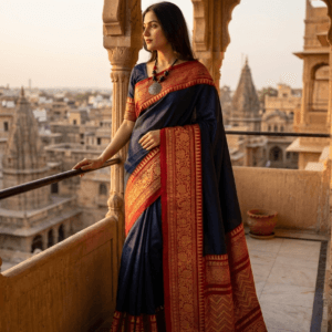 Navy Blue and Maroon Narayanpet Mercerised Cotton Saree with golden woven border
