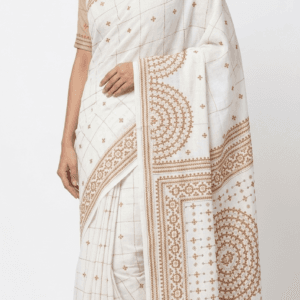 White Bengal Kantha Stitch Saree in Bangalore Silk with traditional hand embroidery