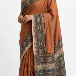 Terracotta Brown Kalamkari Cotton Saree featuring floral border artwork and matching blouse piece
