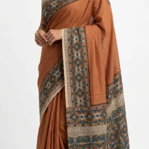 Terracotta Brown Handcrafted Kalamkari Cotton Saree with Floral Border