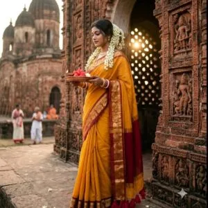 Pure Bengali Cotton Saree |Yellow with maroon border | Urbanshilp