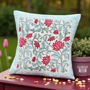 Hand Block Printed Cotton Cushion Covers Set of 5 – Floral Design 16×16 Inch
