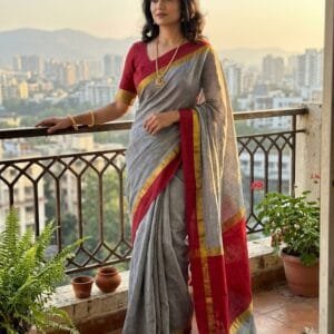 Pure Bengali Cotton Saree | Grey with Broad Red border | Urbanshilp
