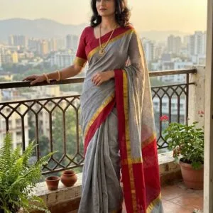Pure Bengali Cotton Saree | Grey with Broad Red border | Urbanshilp