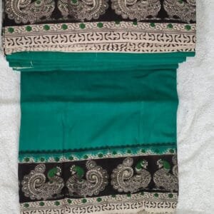 Emerald Green Kalamkari Cotton Saree featuring traditional peacock border artwork and matching blouse piece