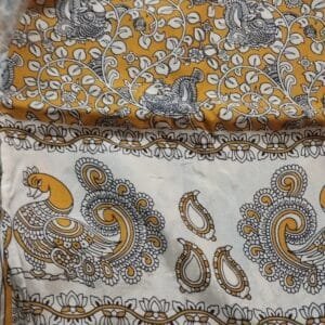 Mustard Yellow Kalamkari Cotton Silk Saree with bird motifs and floral vine artwork