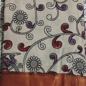 Ivory Kalamkari Cotton Silk Saree with floral vine motifs and zari border