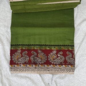 Olive Green Kalamkari Cotton Saree featuring traditional peacock border artwork and matching blouse piece