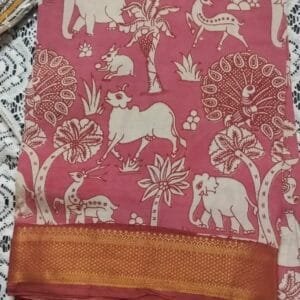 Pink Kalamkari Cotton Silk Saree with Nizam border and traditional animal motifs
