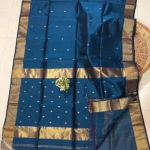 Royal Blue Maheshwari Cotton Silk Saree with golden zari border and blouse piece