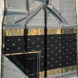 Steel Grey Maheshwari Cotton Silk Saree with golden zari border and blouse piece