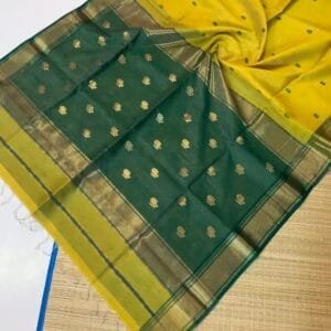 Sunshine Yellow Maheshwari Cotton Silk Saree with emerald green pallu and golden zari motifs