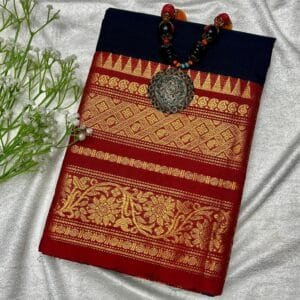 Navy Blue and Maroon Narayanpet Mercerised Cotton Saree with golden woven border